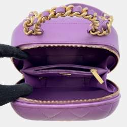 Pre Owned Chanel Matelasse Top Handle Vanity 2-Way Chain shoulder Bag Purple Lambskin Size Small