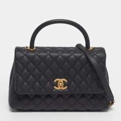 Pre Owned Chanel Coco Medium Black Quilted Caviar Leather Top Handle Bag