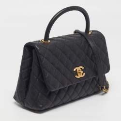 Pre Owned Chanel Coco Medium Black Quilted Caviar Leather Top Handle Bag