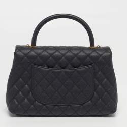 Pre Owned Chanel Coco Medium Black Quilted Caviar Leather Top Handle Bag