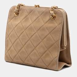 Pre Owned Chanel Brown CC Quilted Suede Kiss Lock Handbag
