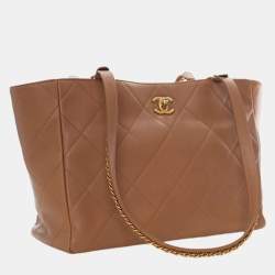 Pre Owned حقيبة يد شانيل توت سلسلة سي سي قفل بني جلد العجل مبطن