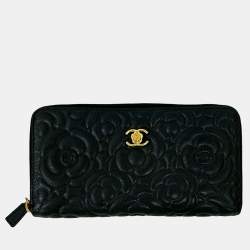 Pre Owned Chanel Black CC Embossed Caviar Camellia Zip Around Wallet