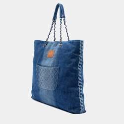 Pre Owned Chanel Blue Printed Denim Shopping Tote