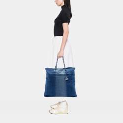 Pre Owned Chanel Blue Printed Denim Shopping Tote