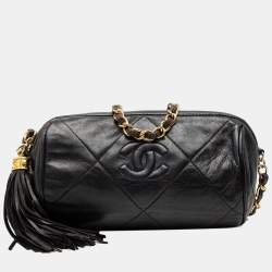 Pre Owned Chanel Black Quilted Lambskin Tassel Barrel Crossbody