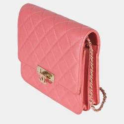 Pre Owned Chanel Golden Class Square Pink Iridescent Quilted Grained Calfskin Leather Wallet on Chain Bag