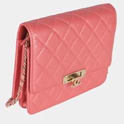 Pre Owned Chanel Golden Class Square Pink Iridescent Quilted Grained Calfskin Leather Wallet on Chain Bag