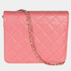 Pre Owned Chanel Golden Class Square Pink Iridescent Quilted Grained Calfskin Leather Wallet on Chain Bag
