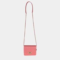 Pre Owned Chanel Golden Class Square Pink Iridescent Quilted Grained Calfskin Leather Wallet on Chain Bag