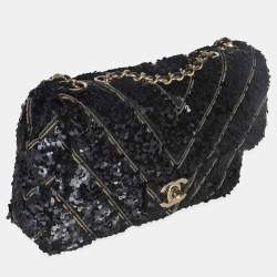 Pre Owned حقيبة شانيل سلسلة شيفرون صغيرة قلاب حرير أسود بترتر