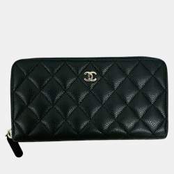 Pre Owned Chanel Black CC Quilted Caviar Zip Around Long Wallet