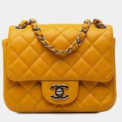 Pre Owned Chanel Yellow Mini Square Classic Lambskin Single Flap