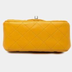 Pre Owned Chanel Yellow Mini Square Classic Lambskin Single Flap