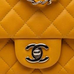 Pre Owned Chanel Yellow Mini Square Classic Lambskin Single Flap