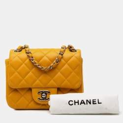 Pre Owned Chanel Yellow Mini Square Classic Lambskin Single Flap