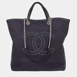 Pre Owned Chanel Navy Calfskin Coco Eyelets Large Shopping Tote Bag