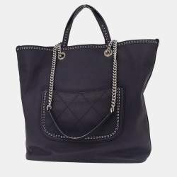 Pre Owned Chanel Coco Eyelets Large Navy Calfskin Leather Shopping Tote Bag