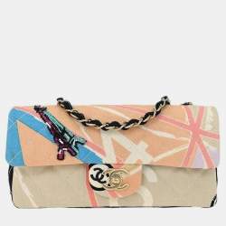 Pre Owned Chanel Pink Canvas Paris Map Single Flap Shoulder Bag