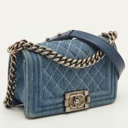 Pre Owned Chanel Boy Blue Small Quilted Denim Flap Bag