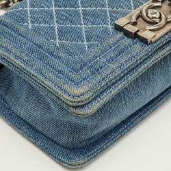 Pre Owned Chanel Boy Blue Small Quilted Denim Flap Bag