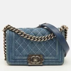 Pre Owned Chanel Boy Blue Small Quilted Denim Flap Bag