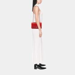 Pre Owned حقيبة شانيل جلد خراف كلاسيكية مزدوجة بغطاء أحمر متوسطة