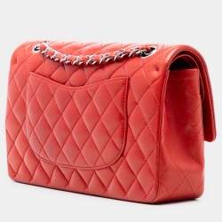 Pre Owned حقيبة شانيل جلد خراف كلاسيكية مزدوجة بغطاء أحمر متوسطة