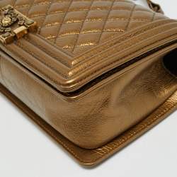 Pre Owned Chanel Boy Medium Metallic Quilted Leather Flap Bag