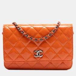 Pre Owned Chanel Orange Paris Dallas CC Quilted Patent Goatskin Wallet on Chain