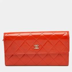 Pre Owned Chanel CC Orange Quilted Patent Leather Long Flap Wallet