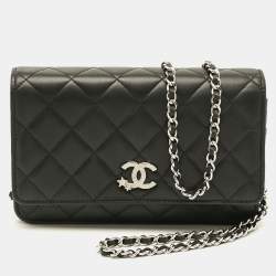 Pre Owned Chanel CC Crystal Star Black Quilted Leather Wallet On Chain