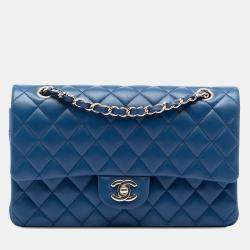 Pre Owned Chanel Blue Medium Classic Lambskin Double Flap