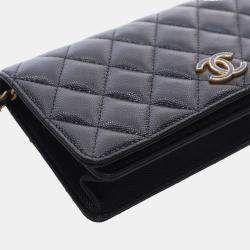Pre Owned Chanel Black Quilted Caviar Glitter CC Roller Skate Clutch With Chain