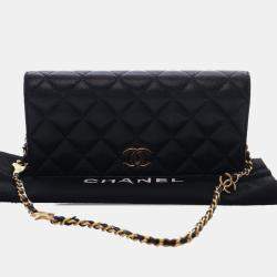 Pre Owned Chanel Black Quilted Caviar Glitter CC Roller Skate Clutch With Chain