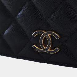 Pre Owned Chanel Black Quilted Caviar Glitter CC Roller Skate Clutch With Chain