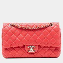 Pre Owned Chanel Red Medium Classic Lambskin Double Flap