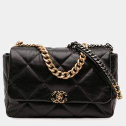 Pre Owned حقيبة شانيل لامبسكين أسود ماكسي 19 فلاپ