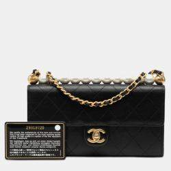Pre Owned Chanel Black Quilted Goatskin Chic Pearls Clutch with Chain