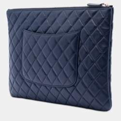 Pre Owned حقيبة كلتش شانيل O كبيرة جلد خروف مبطن أزرق