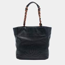 Pre Owned Chanel Black CC Caviar Tortoise Chain Tote