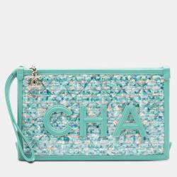 Pre Owned Chanel Blue Tweed PVC Logo Clutch