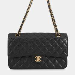 مملوكة مسبقًا Chanel Matelasse W Flap Chain shoulder Bag Black Caviar Leather Size 25