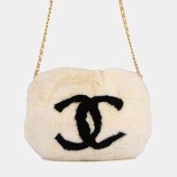 Pre Owned Chanel Fur Arm Warmer Chain Shoulder Bag White/Black Lapin