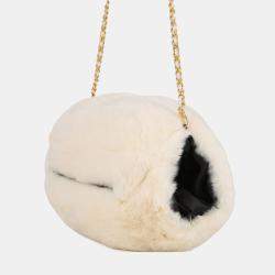 Pre Owned Chanel Fur Arm Warmer Chain Shoulder Bag White/Black Lapin