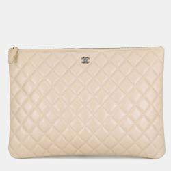 Pre Owned Chanel Matelasse Clutch Bag Beige Lambskin