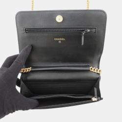 Pre Owned Chanel Boy Chanel Chain Wallet Black Caviar Leather