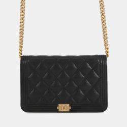 Pre Owned Chanel Boy Chanel Chain Wallet Black Caviar Leather