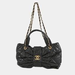 Pre Owned Chanel Black Shiny Lambskin Bow Bag