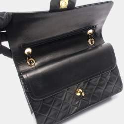 Pre Owned Chanel Matelasse Double Flap Shoulder Bag In Lambskin Leather Black